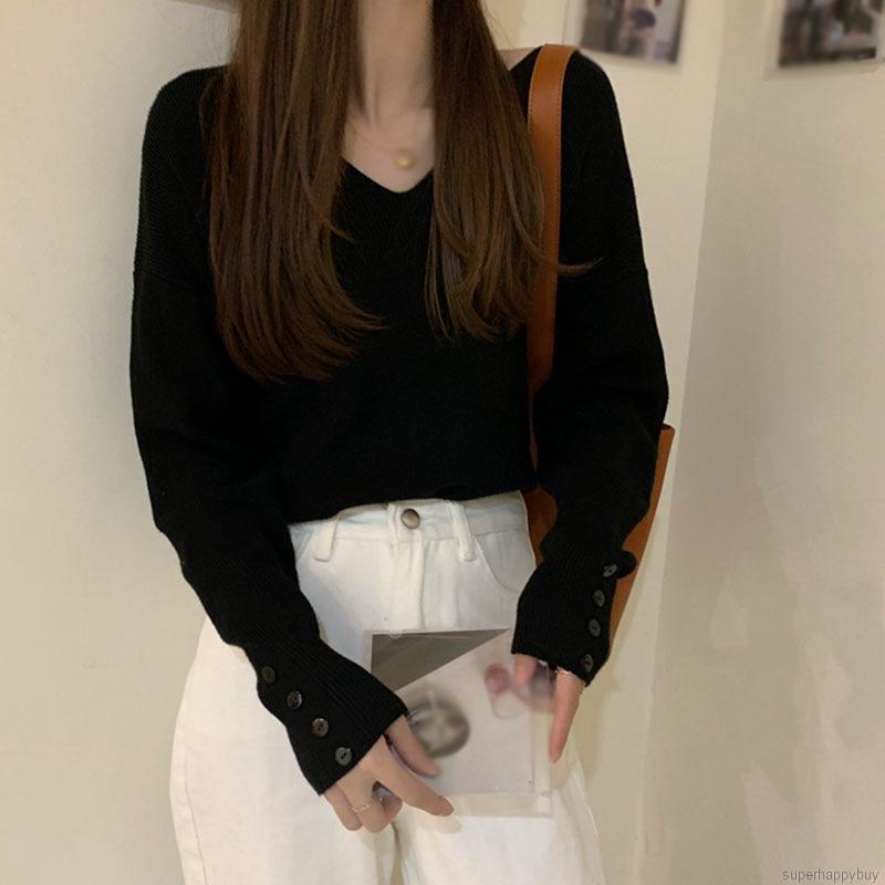 Áo sweater chui đầu tay dài cổ chữ V màu trơn thời trang mùa thu thanh lịch cho nữ