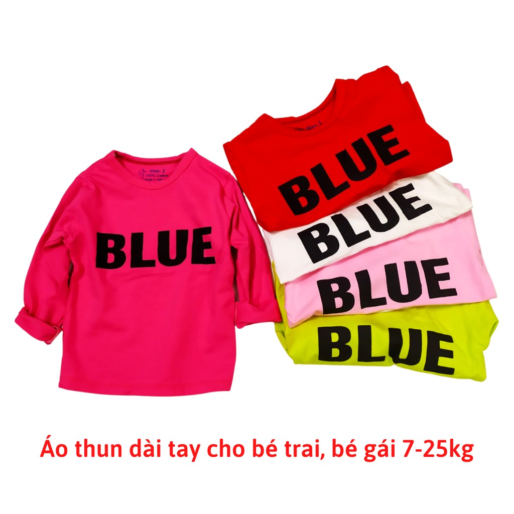 Áo dài tay cổ tròn chữ Blue cá tính cho bé trai, bé gái 7-25kg