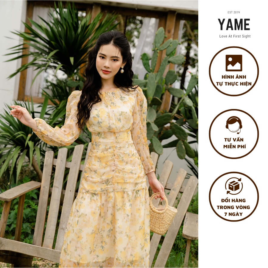 Váy đầm hoa nữ dài tay dáng dài nhún eo lót lụa mềm màu vàng mơ Jena Dress YAME