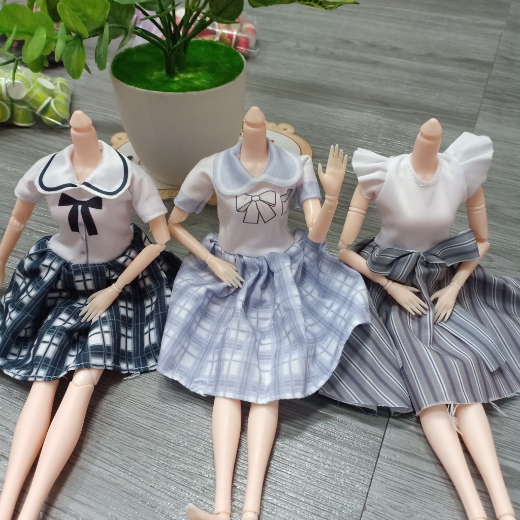 Váy liền áo học sinh cho búp bê barbie 30cm chất cotton mềm mại bồng bềnh