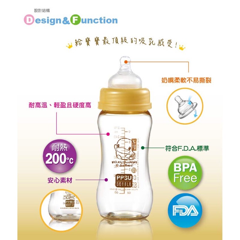 Bình sữa cổ rộng PPSU 280ml KU.KU Duckbill KU5834
