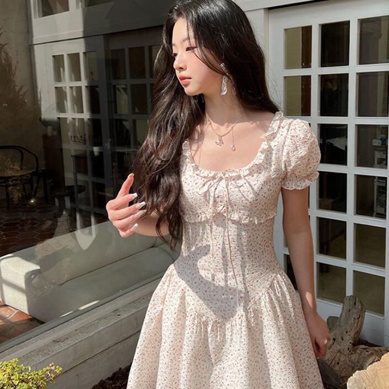 COZOK Đầm Tay Ngắn Dáng Ôm Họa Tiết Hoa Phối Dây Buộc Rỗng Cá Tính
