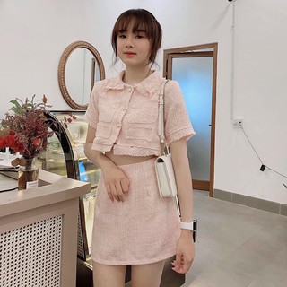 Set dạ tweed 2 lớp màu hồng cao cấp, Freesize từ 40-53kg, gồm áo croptop dạ và chân váy dạ