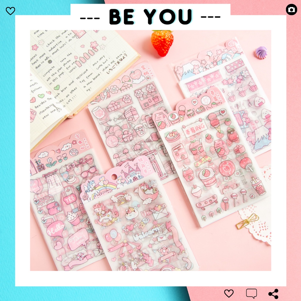 Set 4 Tờ Nhãn Dán Trang Trí Dễ Thương Cho Sổ Tay - STYLE_B , Sticker Trang Trí Dễ Thương Phong Cách Màu Hồng - BEYOU