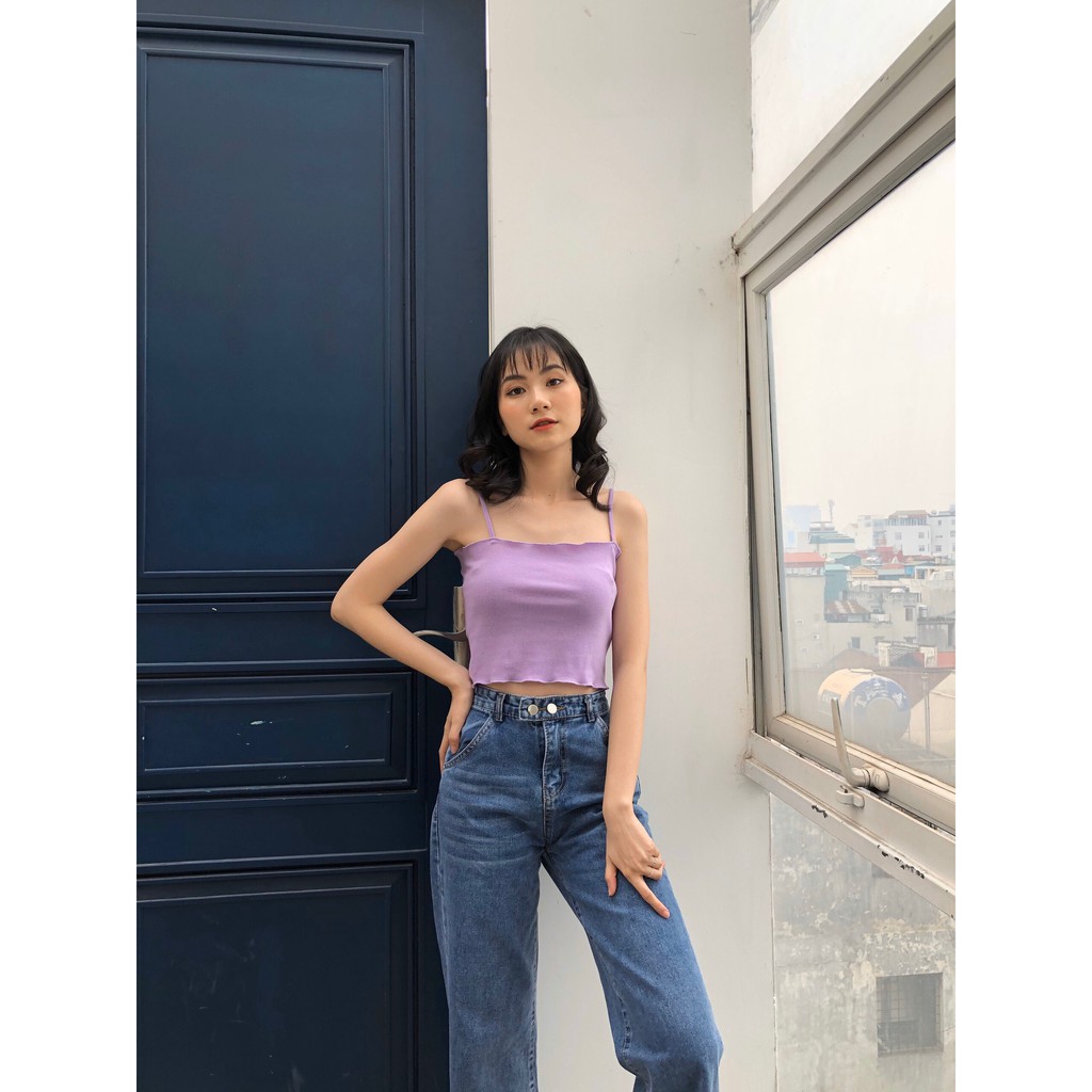 ÁO CROPTOP 2 DÂY CUỐN BIÊN ĐEN TRẮNG VÀNG HỒNG TÍM - CROPTOP LEN TĂM NHÚN VIỀN BÈO NHIỀU MÀU | BigBuy360 - bigbuy360.vn