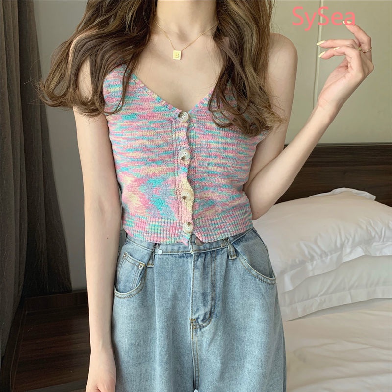 Áo Croptop Dệt Kim Sát Nách Màu Cầu Vồng Thời Trang Mùa Hè Cho Nữ