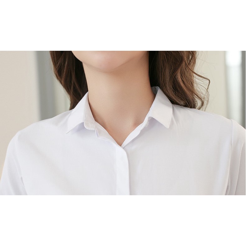 Áo Sơ Mi Trắng Nữ, Không Nhăn, Giấu Nút, Tay Dài Có Bigsize, Sơ Mi Trắng, Công Sở Chất Vải Kate Mỹ Form Suông
