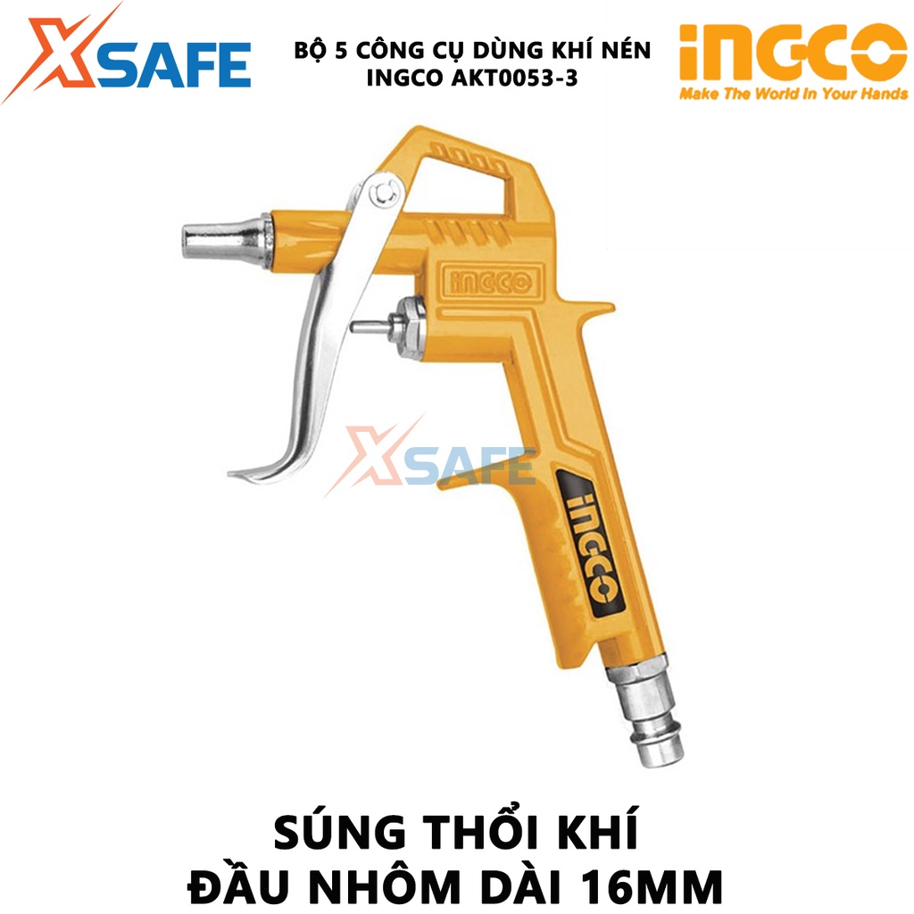 Bộ 5 công cụ dùng khí nén INGCO AKT0053-3 Dụng cụ xịt hơi 5 chi tiết, đầu nối kiểu Nitto, dây hơi xoắn kèm đầu nối 4m