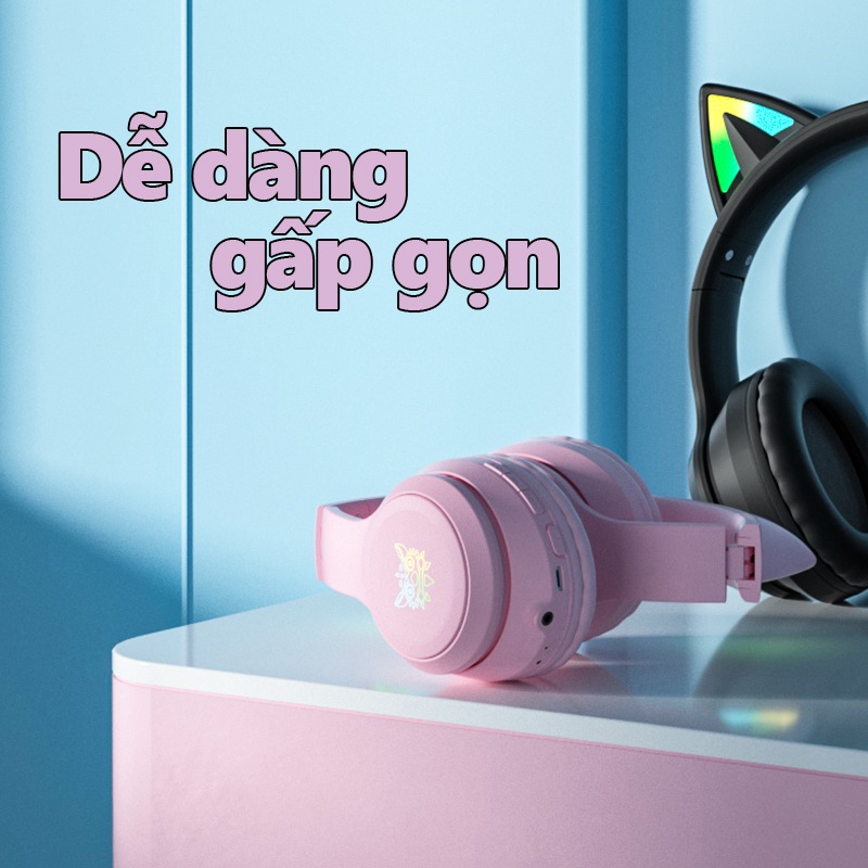 Tai nghe Chụp tai Mèo Không dây Có mic ONIKUMA B90 Màu hồng Bluetooth 5.0 Tay Headphone Gaming Có Đèn RGB, Cho PC Laptop
