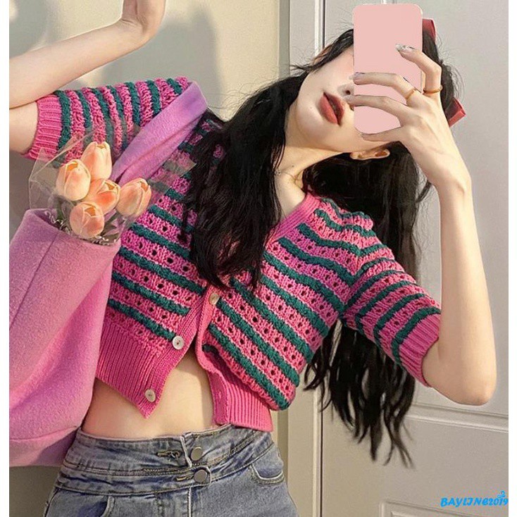 Áo Cardigan Tay Ngắn Cổ Chữ V Cài Nút Họa Tiết Kẻ Sọc Thanh Lịch Cho Nữ