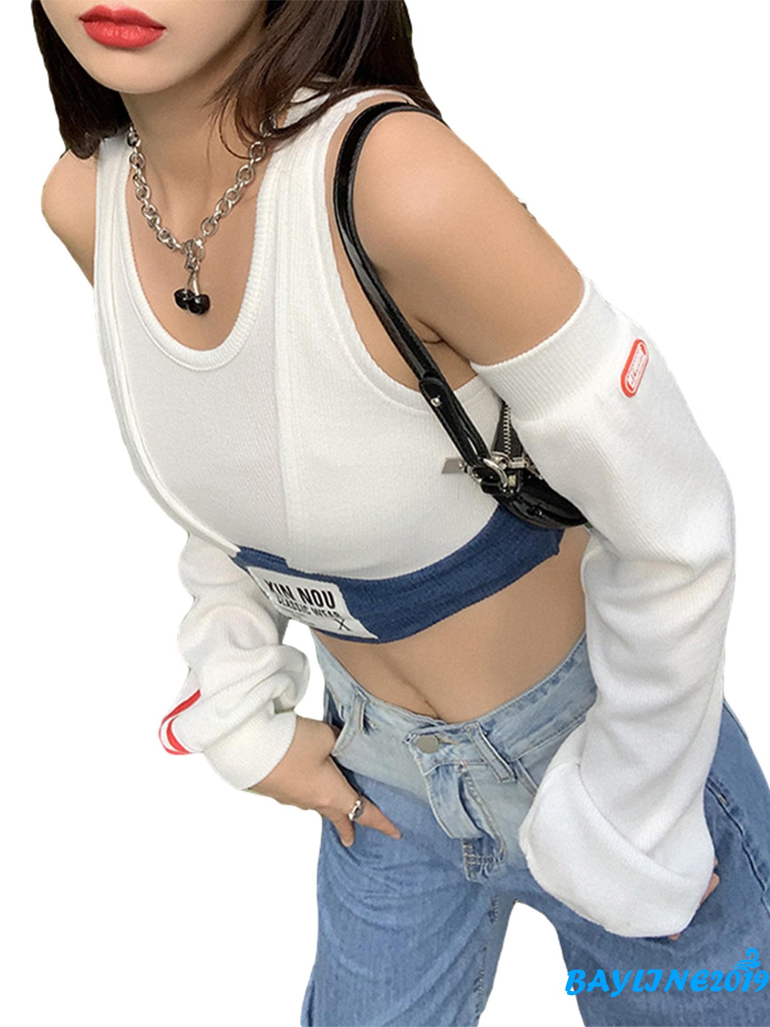 Áo croptop dáng ôm kèm cặp ống tay áo thiết kế cá tính cho nữ | BigBuy360 - bigbuy360.vn