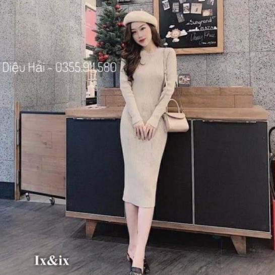 Váy body dài tay cổ tròn chất cotton tăm siêu tôn dáng