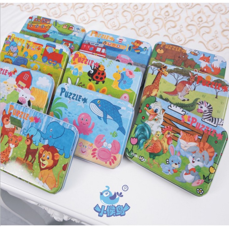 (4 Cấp Độ) Đồ Chơi Gỗ Bộ 4 Tranh Ghép Hình PUZZLE Hộp Sắt