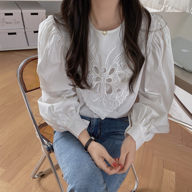 Áo sơ mi trắng kiểu cổ ren tay bồng tiểu thư phong cách Hàn Quốc ulzzang