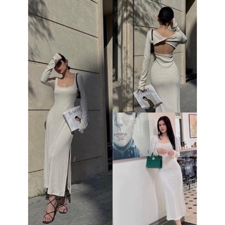 Đầm ôm body nữ phối xẻ đùi tay dài chất vải thun gân , váy maxi form dài