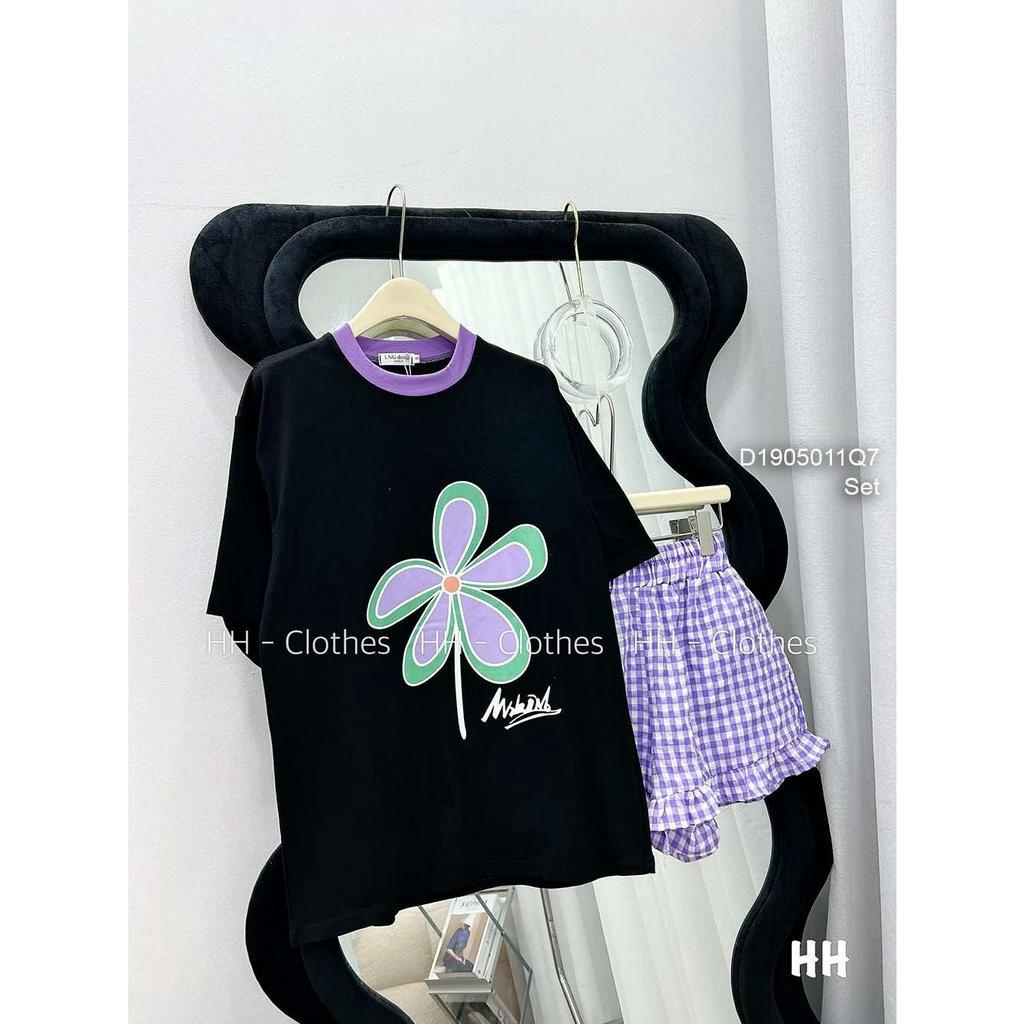 Set bộ đùi 2 món áo thun họa tiết bông hoa tay con kèm quần short caro lai bèo!