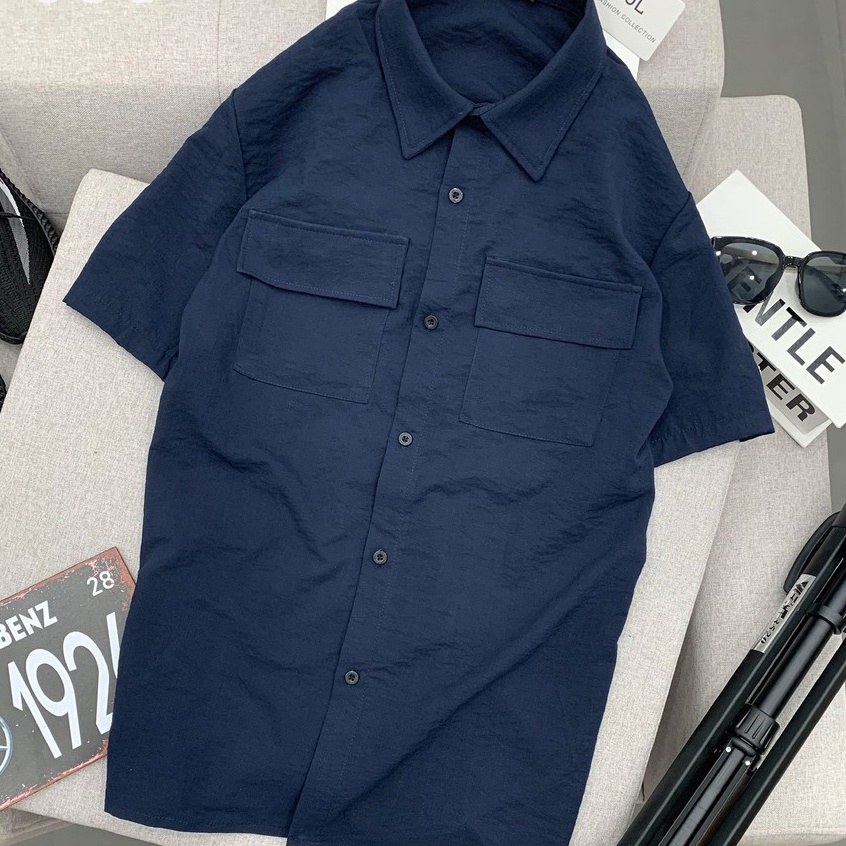 Áo sơ mi nam cổ bẻ chất vải đũi mặc hè thoáng mát có túi hộp