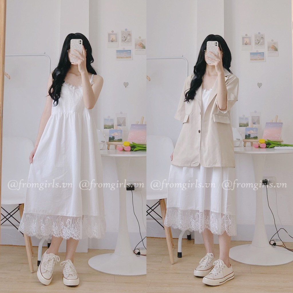 Váy maxi hai dây viền ren, đầm maxi phối ren xinh xắn  - V30FG