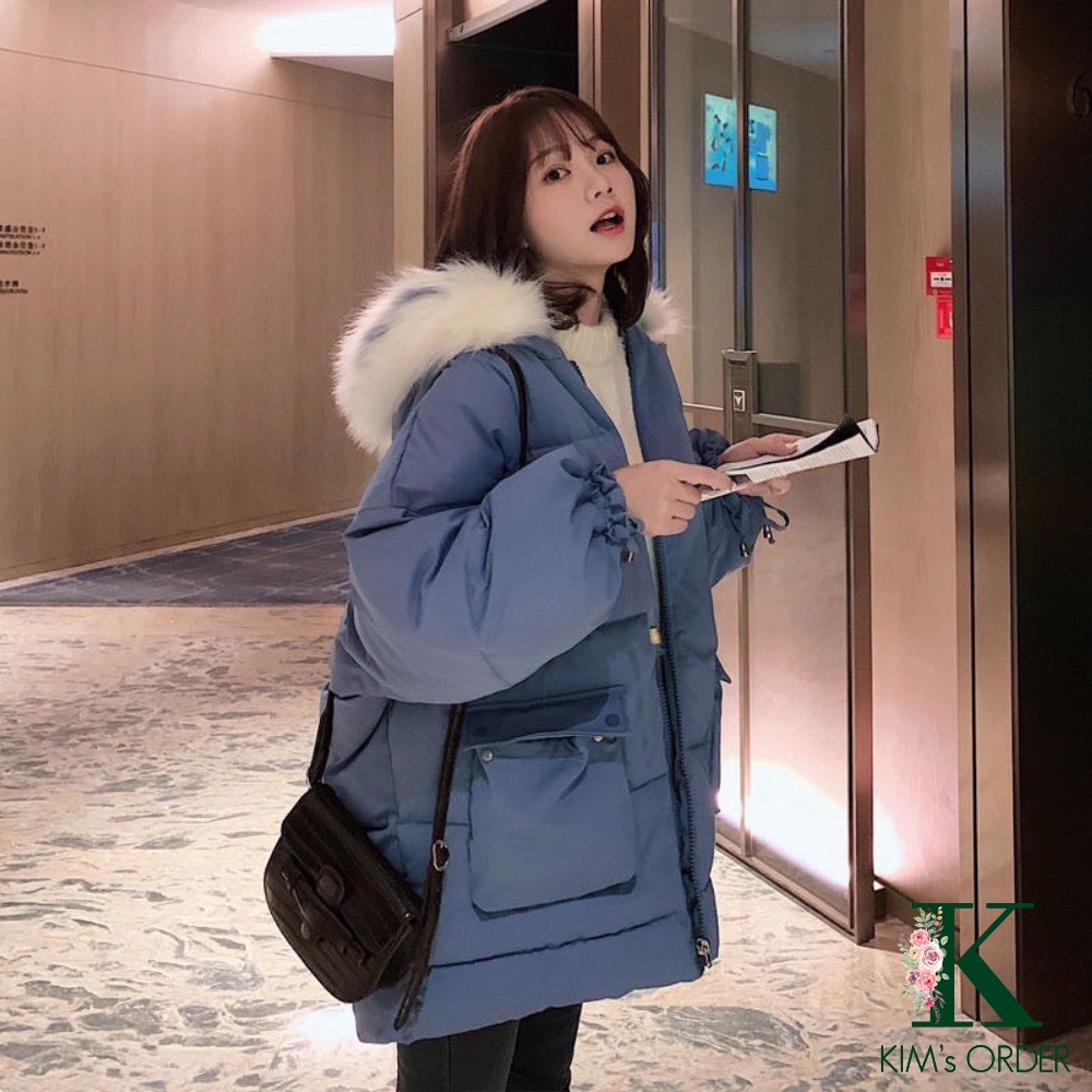 Áo khoác phao nữ màu đen be vàng xanh dài tay có mũ khoá kéo túi hai bên phong cách Hàn Quốc dáng rộng dày dặn