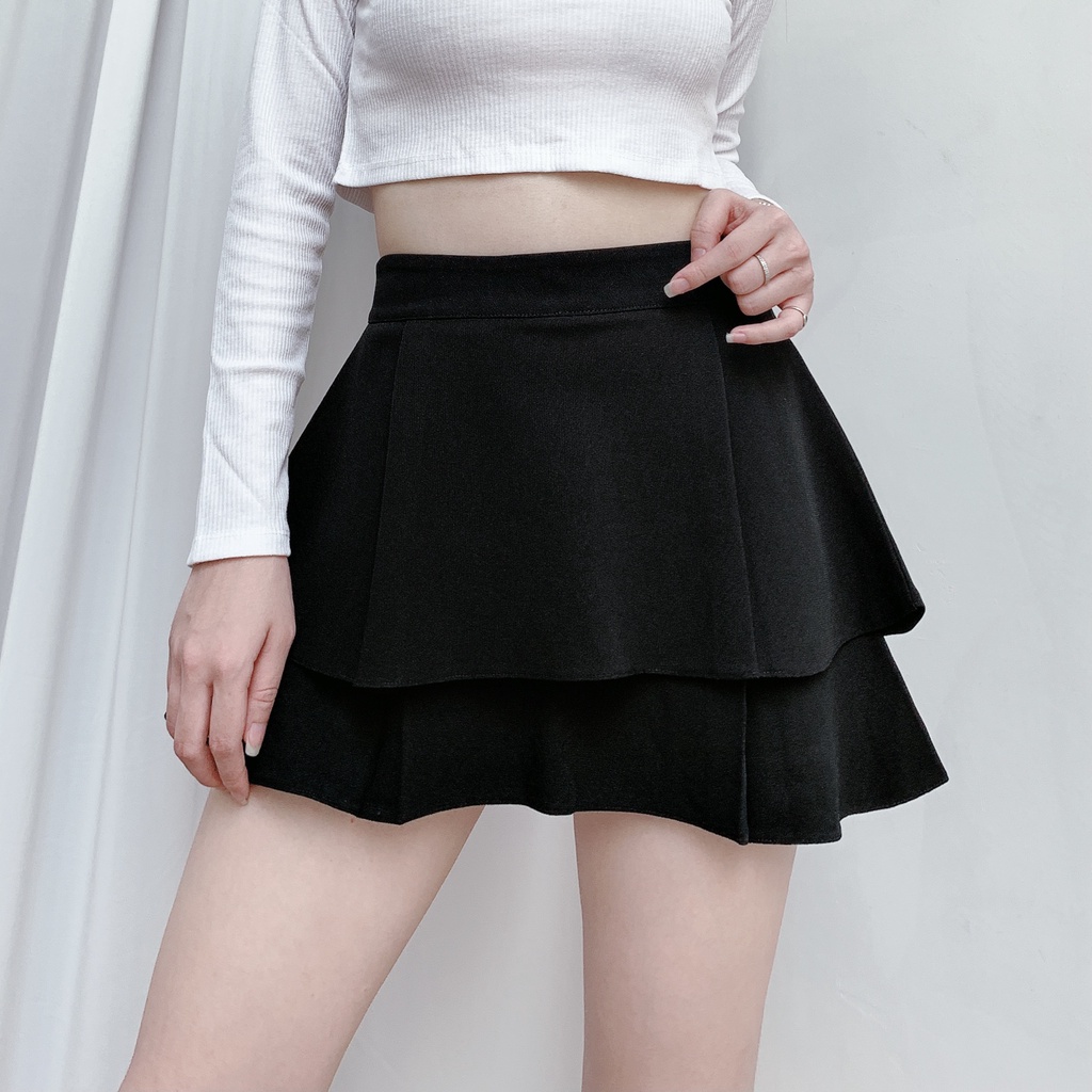 Chân váy 2 tầng ngắn đen có quần lót trong chống lộ dáng xòe ôm cạp chun lưng thun vải co giãn công sở VAVASA CV19 | BigBuy360 - bigbuy360.vn