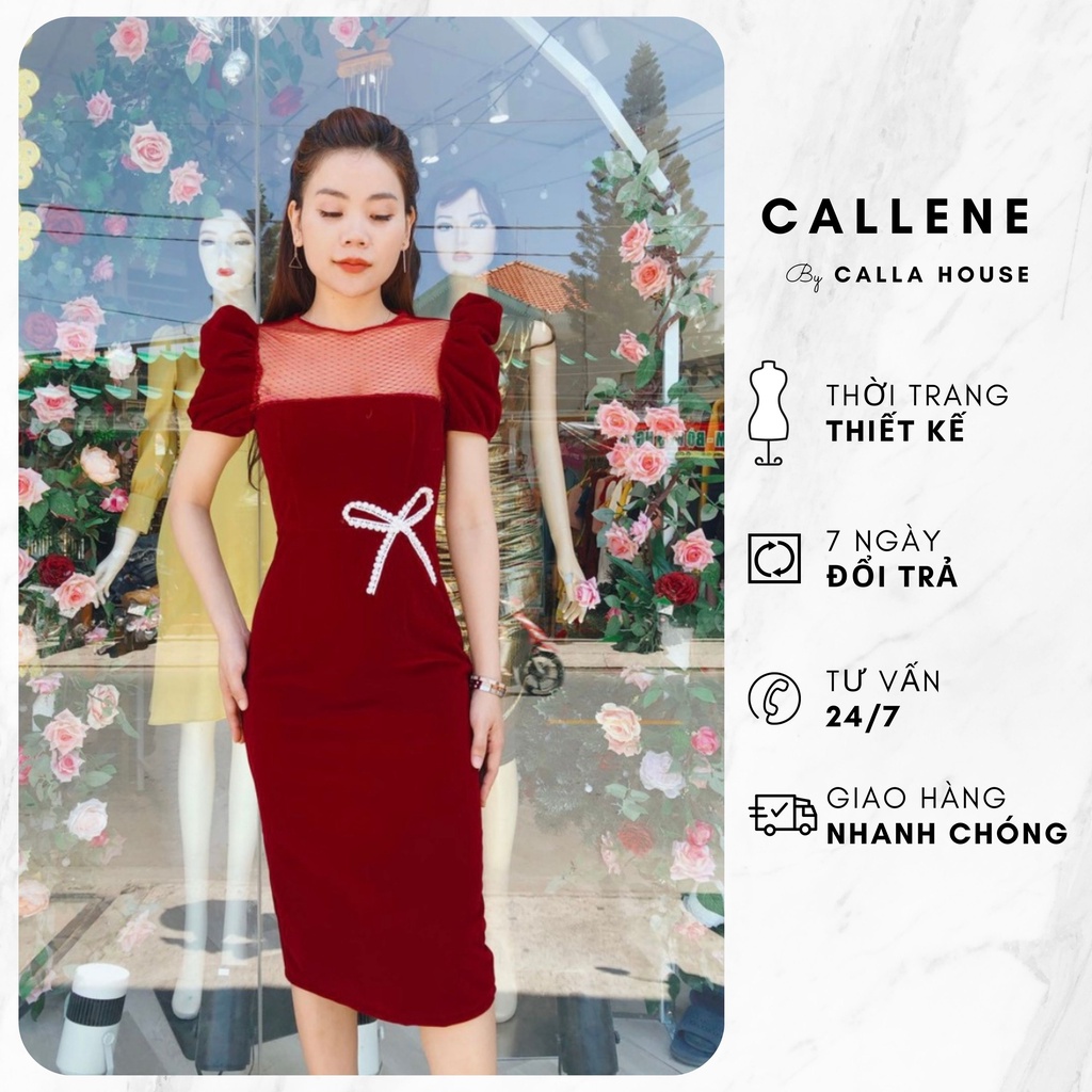Đầm dự tiệc body vải nhung phối lưới tay phồng thiết kế Callene CC97