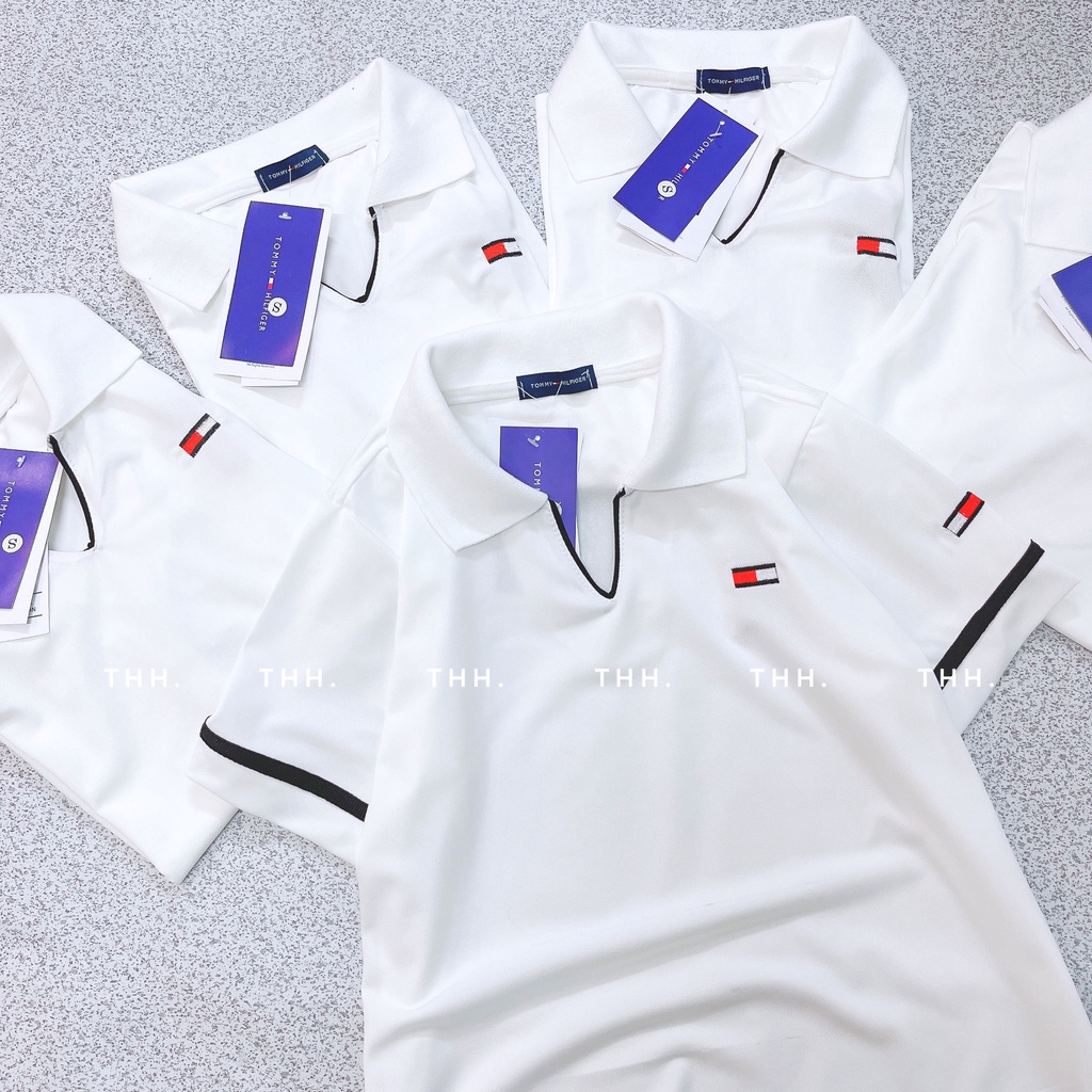 Áo polo nữ cổ V phối viền đen trắng chất vải poli mềm mịn mát thấm hút mồ hôi Minxinh Shop