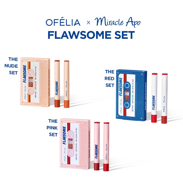 Set son Ofélia x Miracle Apo Flawsome Glow Lip The Red Set (2 x 2g) + TẶNG Túi Trang điểm Flawsome's Retro Cassette