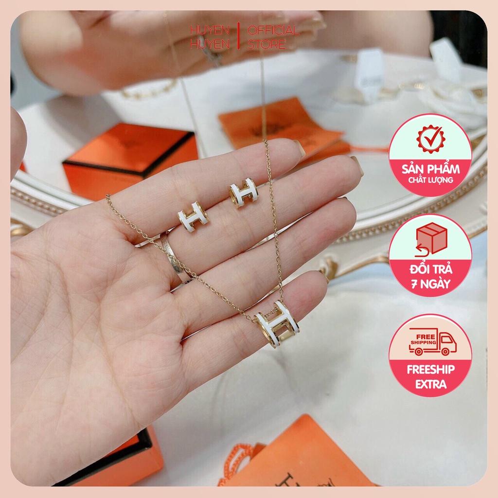Set vòng cổ, khuyên tai chữ H cao cấp sang trọng