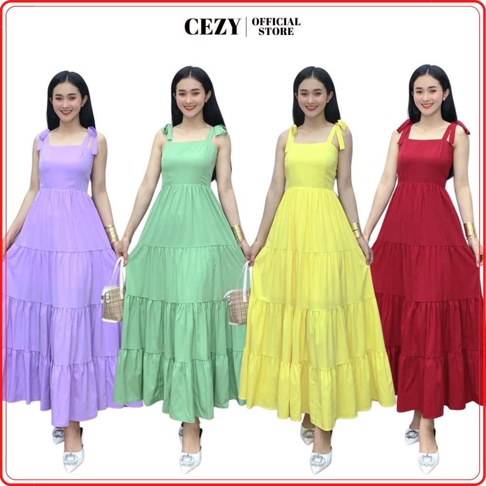 Đầm maxi 2 dây đi biển đẹp dáng xòe dài có dây thắt eo có size bigsize Cezy D129