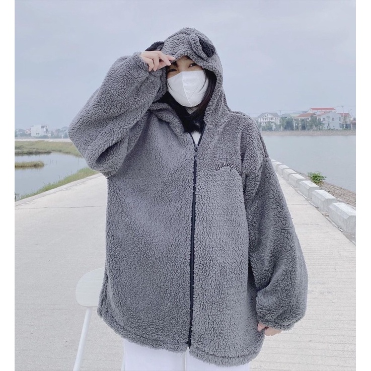 Áo khoác lông cừu tai gấu thêu mặt cười unisex (annstore) | BigBuy360 - bigbuy360.vn