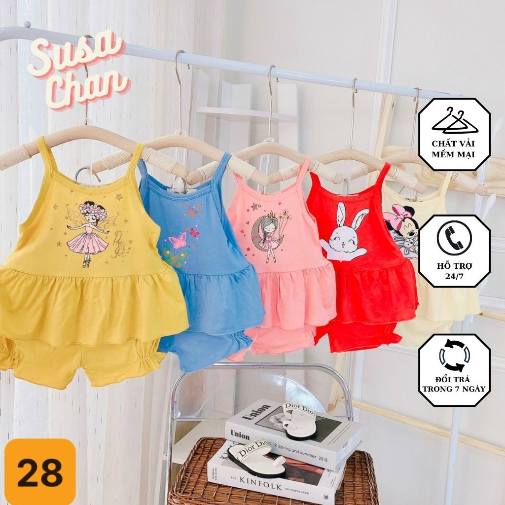 Bộ hai dây thun lạnh MINKYMOM phối bèo hình bướm, thỏ, búp bê, Mickey dễ thương cho bé gái size 7-18kg