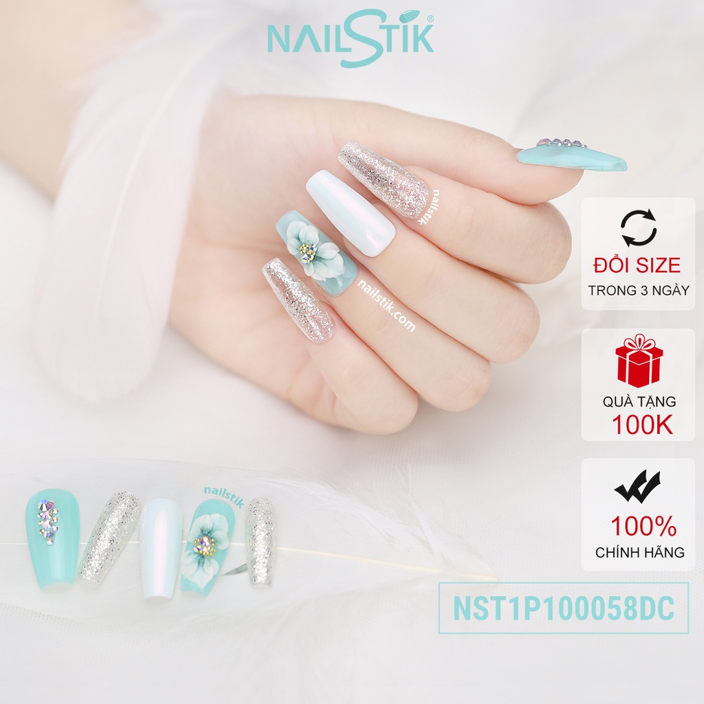 Móng úp thiết kế by NAILSTIK, màu bạc, form móng coffin, dài 058