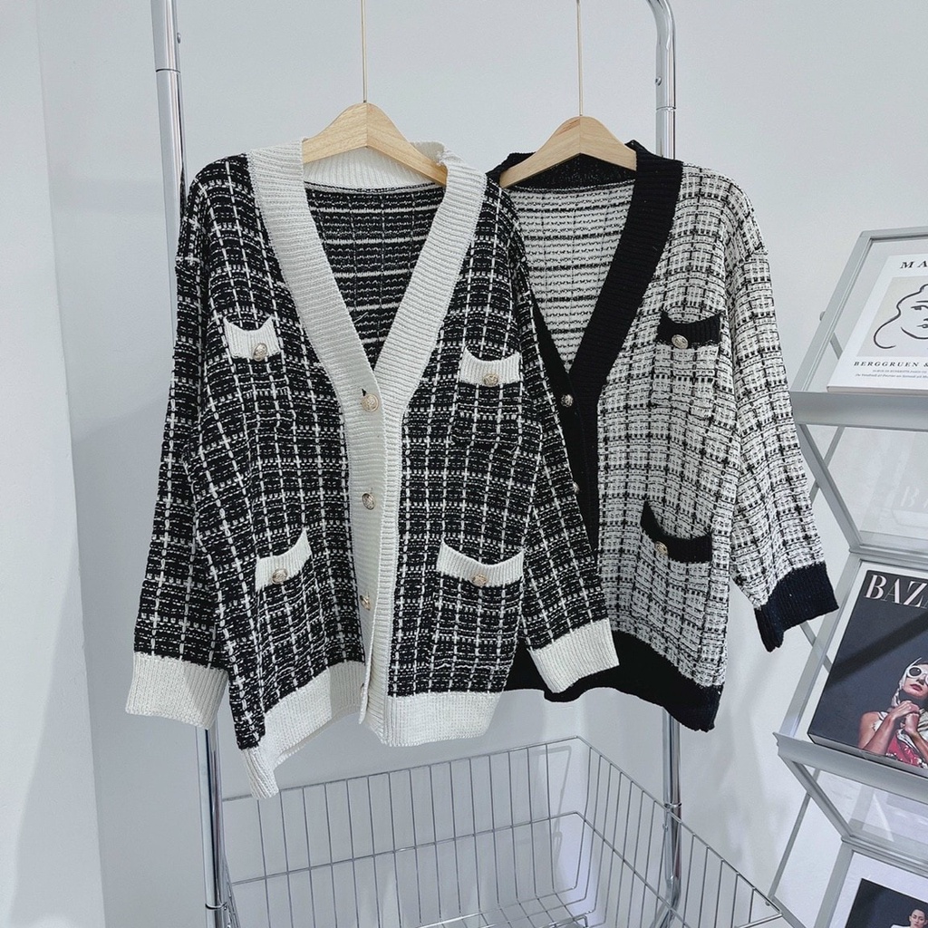 [FREESHIP] Áo khoác len nữ tay dài áo cardigan tweed dạ sọc caro trắng đen QC NÀNG CLOSET