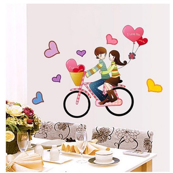 Decal trang trí tường - Đôi tình nhân Chạy Xe đạp Tình Yêu
