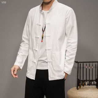✟Áo sơ mi nam dài tay cotton và vải lanh của giới Trung Quốc retro Tang phù hợp với phong cách khoác Hanfu Republican cả