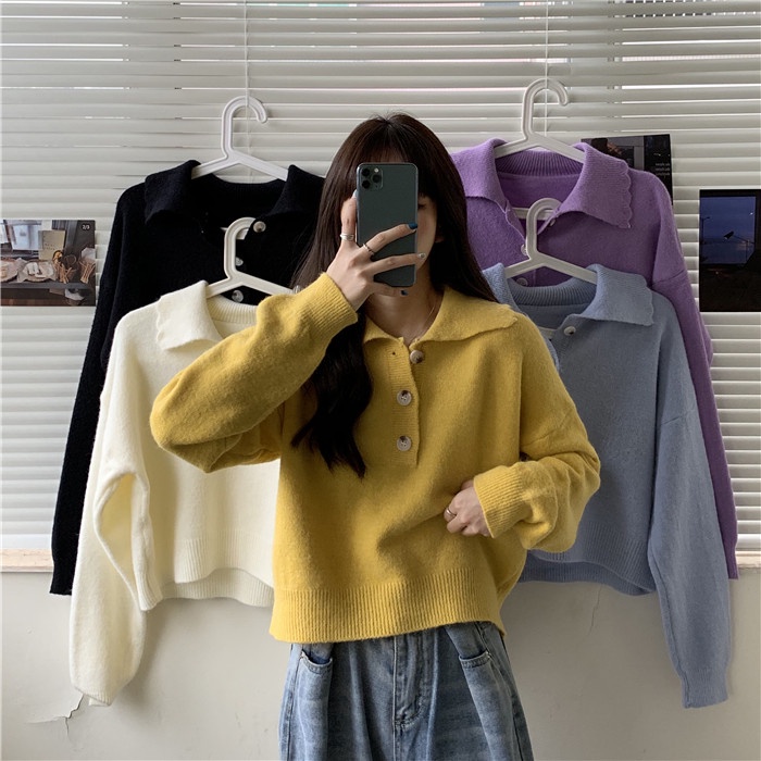 Áo len cổ polo dáng rộng phong cách Hàn Quốc có 5 màu thời trang cho nữ | BigBuy360 - bigbuy360.vn