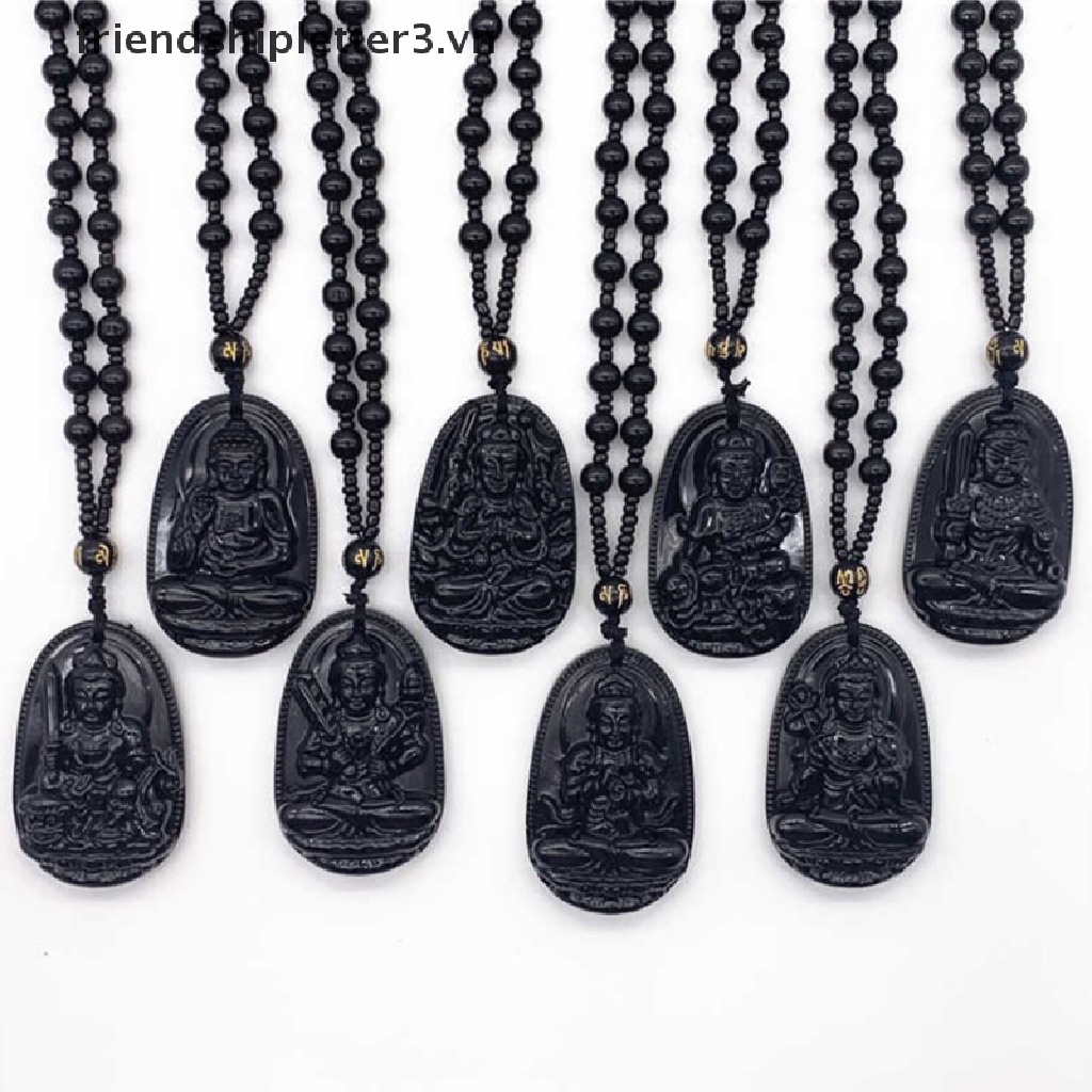 1 Vòng cổ Đá obsidian Đen Tự Nhiên Khắc Hình Phật