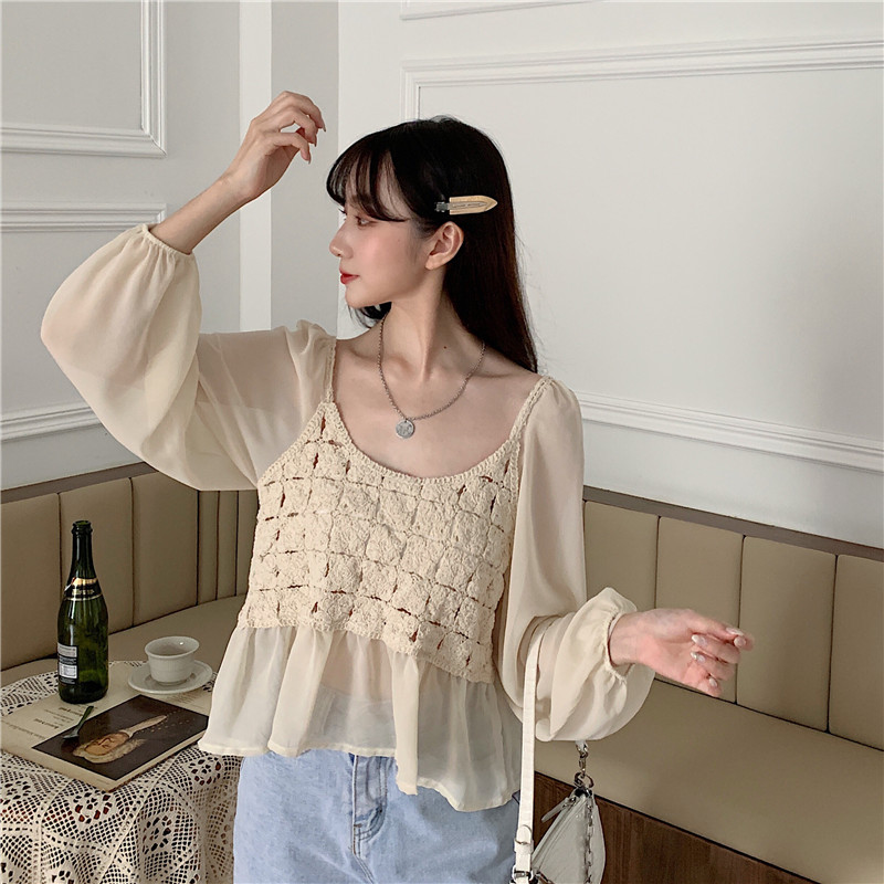Áo kiểu SUXI phối chiffon tay ngắn phong cách Hàn Quốc thanh lịch thời trang dành cho nữ