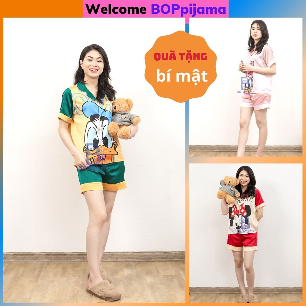 Bộ đồ ngủ nữ pizama tay cộc quần đùi lụa satin, pyjama mặc nhà mát, không nhăn– HATIBO 08 | BigBuy360 - bigbuy360.vn
