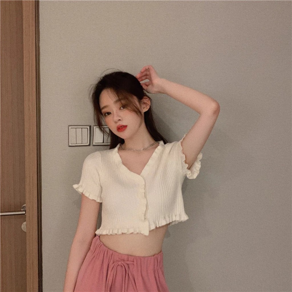 CHIKITO | Áo Len Cardigan Ngắn Tay Cổ V Viền Nhúng - Áo Croptop Quảng Châu 2 Màu Tím - Trắng Kiểu Dáng Ulzzang