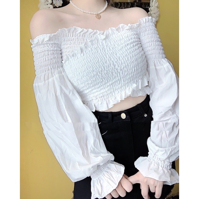 ÁO NỮ * ÁO CROPTOP NHÚN ĐẮP CHÉO TAY DÀI