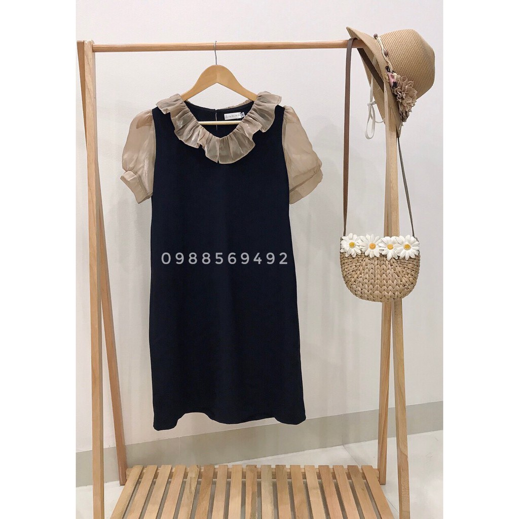 Váy bầu bigsize - Đầm bầu thiết kế GuMe màu đen dáng suông phối tay cổ voan kính chất vải sạn lụa size từ 40-100kg MB230
