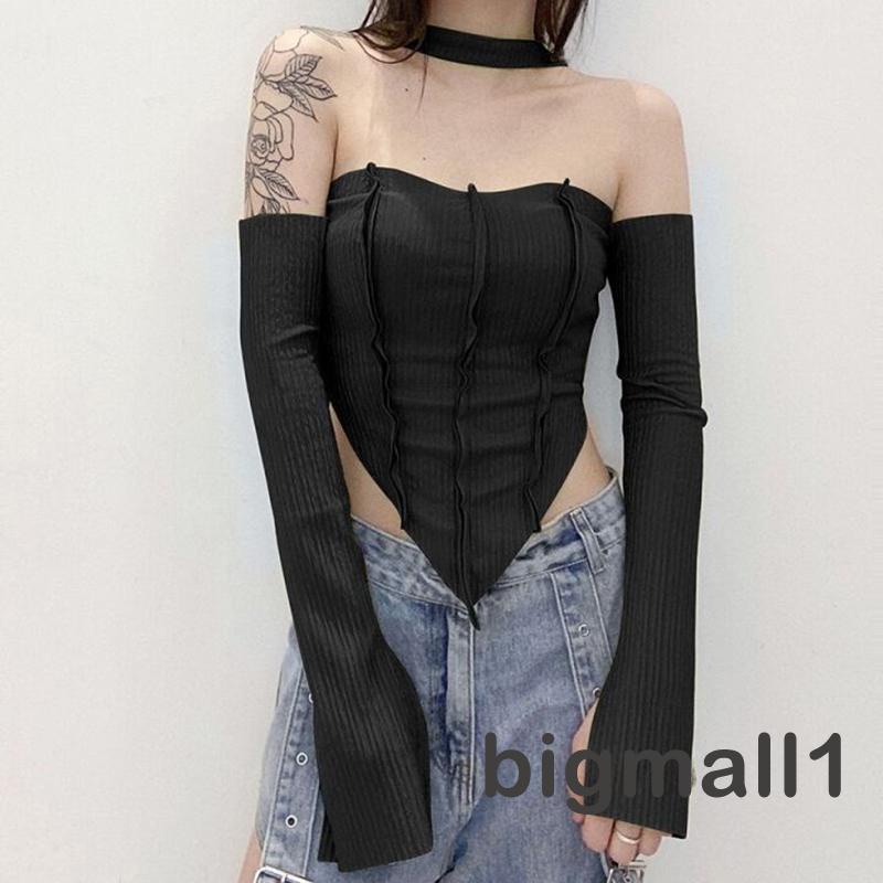 Áo Thun Dài Tay Cổ Thuyền Hở Rốn Thời Trang Nữ Tính