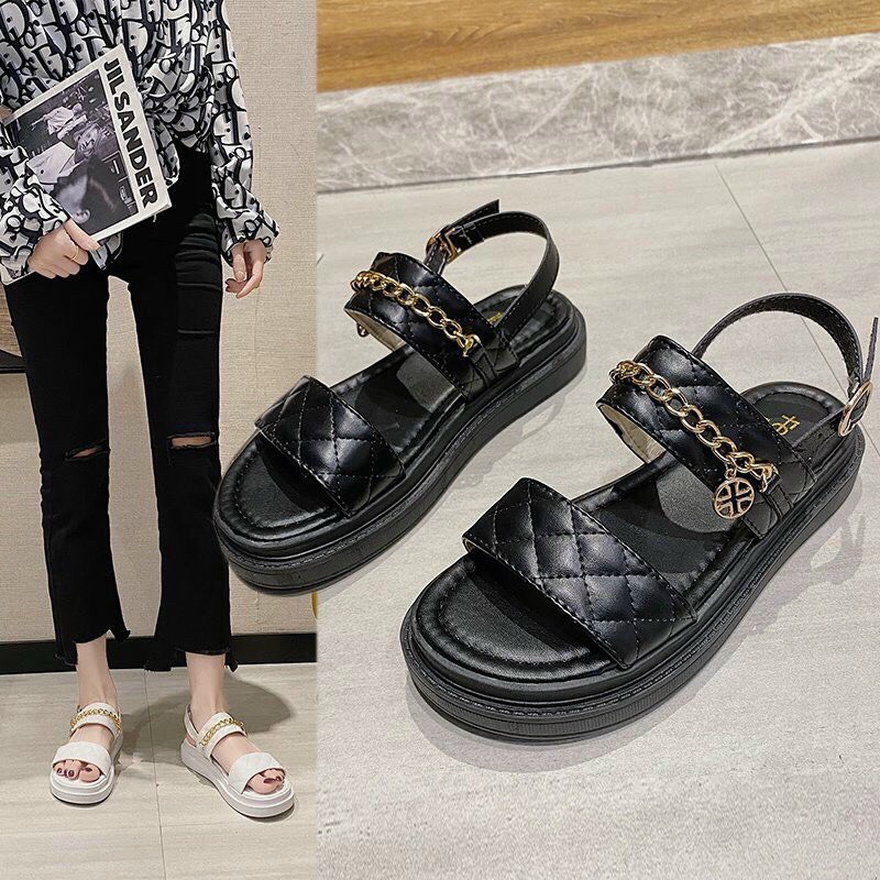 (freeship)giày dép sandal nữ quai da kẻ caro phối khoá vàng quai trên