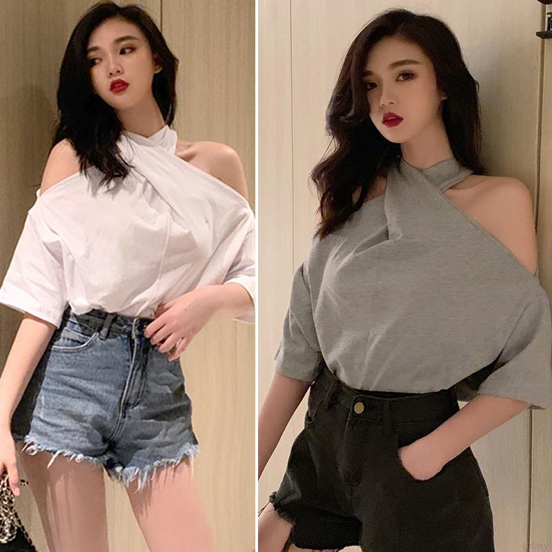 Áo thun không tay màu trơn thiết kế hở vai cổ yếm quyến rũ phong cách Hàn Quốc dành cho nữ