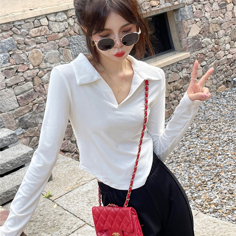 Áo thun Polo SUXI tay dài màu sắc đơn giản dễ phối đồ thời trang mùa thu cho nữ