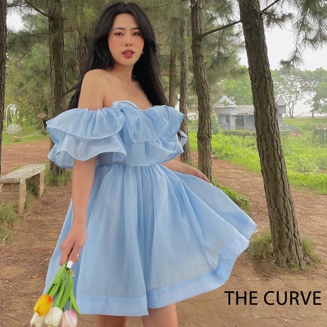 Đầm Trễ Vai Đi Chơi Bèo Tầng Bo Eo Tôn Dáng, Váy Xòe - Vải Xô Xốp + Lót Toàn Thân - 3 Màu Hồng, Trắng, Xanh