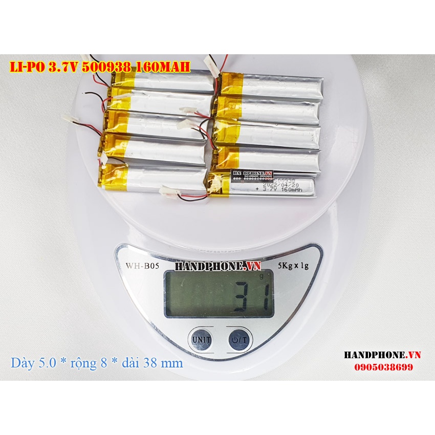 Pin Li-Po 3.7V 500938 160mAh (Lithium Polymer) cho tai nghe Bluetooth, máy ghi âm, máy nghe nhạc, Loa Bluetooth
