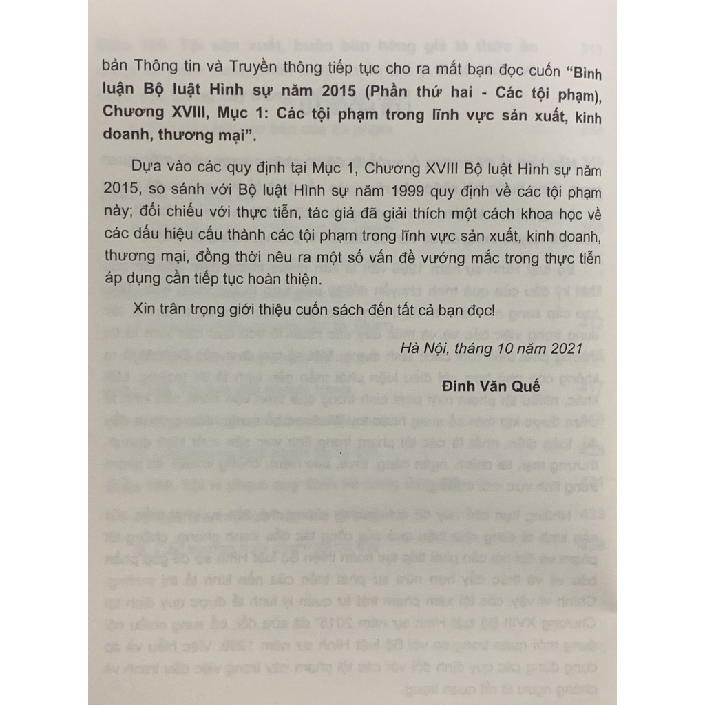 Sách - Bình Luận Bộ Luật Hình Sự Năm 2015 - Phần Thứ Hai ( Chương XVIII Mục I Bình Luận Chuyên Sâu )