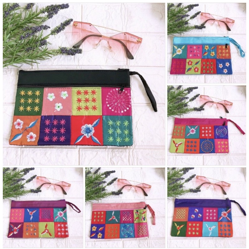 Ví lụa thêu ô vuông đựng mỹ phẩm